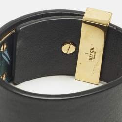 Pre Owned Valentino  Rockstud Black Leather Gold Tone Wide Bracelet