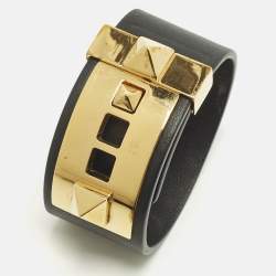 Pre Owned Valentino  Rockstud Black Leather Gold Tone Wide Bracelet