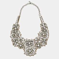 Pre Owned Valentino Crystals Fabric Silver Tone Necklace