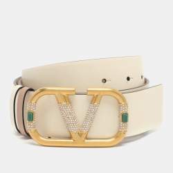 Pre Owned Valentino Beige/White Leather VLOGO Crystal Embellished Buckle Belt 70CM
