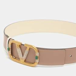 Pre Owned Valentino Beige/White Leather VLOGO Crystal Embellished Buckle Belt 70CM