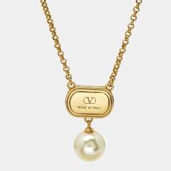 Pre Owned Valentino Crystals Enamel Faux Pearl Gold Tone Necklace