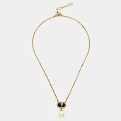 Pre Owned Valentino Crystals Enamel Faux Pearl Gold Tone Necklace