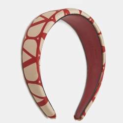 Pre Owned Valentino Red/Beige Toile Iconographe Silk Headband One Size 