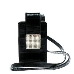 Valentino Black Croc Embossed Leather Crystal Studded Cigarette Case