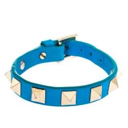 Pre Owned Valentino Rockstud Blue Leather Gold Tone Bracelet