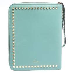 Pre Owned Valentino Mint Green Leather Rockstud Zip Around iPad Case