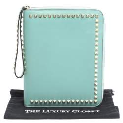 Pre Owned Valentino Mint Green Leather Rockstud Zip Around iPad Case