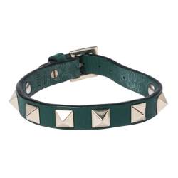 Pre Owned سوار فالنتينو جلد أخضر فاتح روكستد ذهبي اللون