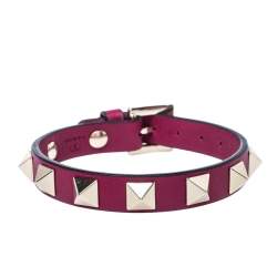 Pre Owned Valentino Raspberry Pink Leather Pale Gold Tone Rockstud Bracelet