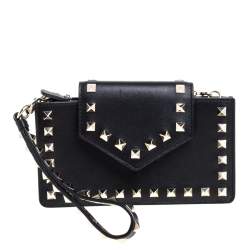 Pre Owned Valentino Black Leather Rockstud Chain Phone Case