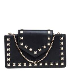 Pre Owned Valentino Black Leather Rockstud Chain Phone Case