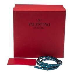 Pre Owned Valentino Blue Leather Mini Rockstud Gunmetal Tone Triple Wrap Bracelet