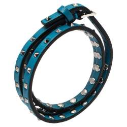 Pre Owned Valentino Blue Leather Mini Rockstud Gunmetal Tone Triple Wrap Bracelet