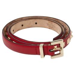 Pre Owned Valentino Red Leather Rockstud Slim Belt 75 CM