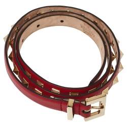 Pre Owned Valentino Red Leather Rockstud Slim Belt 75 CM