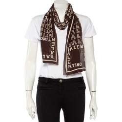 Pre Owned وشاح فالنتينو حرير بني طباعة بازل شعار الماركة 