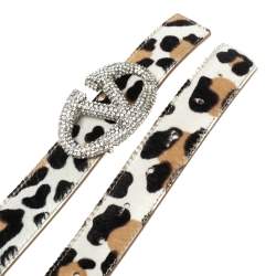 Pre Owned Valentino Tri Color Leopard Print Calf Hair Crystal Embellished Logo Belt 85CM