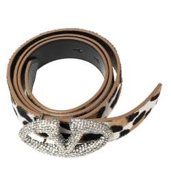 Pre Owned Valentino Tri Color Leopard Print Calf Hair Crystal Embellished Logo Belt 85CM