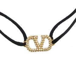 Pre Owned Valentino VLogo Signature Crystal and Black Adjustable Cord Bracelet