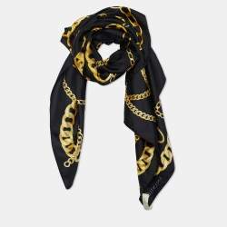 Pre Owned Valentino Black & Gold Chain Link Print Silk Scarf