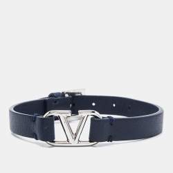 Pre Owned Valentino Dark Blue Leather VLogo Wrap Bracelet