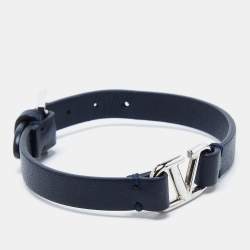 Pre Owned Valentino Dark Blue Leather VLogo Wrap Bracelet