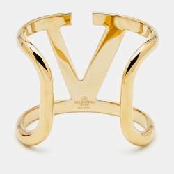 مملوكة مسبقًا Valentino Gold Tone VLogo Wide Cuff Bracelet
