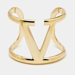 مملوكة مسبقًا Valentino Gold Tone VLogo Wide Cuff Bracelet