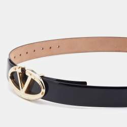 Pre Owned Valentino Black Patent Leather Logo Platino Buckle Belt 90CM
