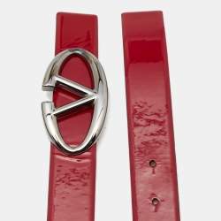 Pre Owned Valentino Red Patent Leather Logo Platino Belt 90CM