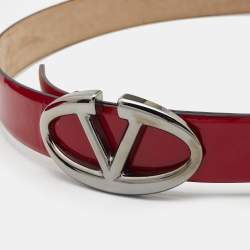 Pre Owned Valentino Red Patent Leather Logo Platino Belt 90CM