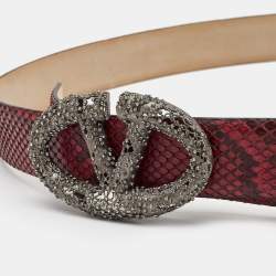 Pre Owned Valentino Red Snakeskin Crystal Embellished Logo Platino Belt 90CM