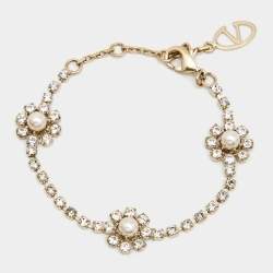 Pre Owned Valentino Faux Pearl Crystal Embellished Gold Tone Flower Bracelet