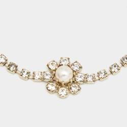 Pre Owned Valentino Faux Pearl Crystal Embellished Gold Tone Flower Bracelet