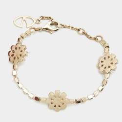 Pre Owned Valentino Faux Pearl Crystal Embellished Gold Tone Flower Bracelet