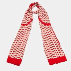 Pre Owned Valentino Red/ White V Logo Printed Silk Scarf