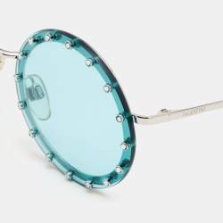 Pre Owned Valentino Silver/Green VA 2010-B Crystal Studded Round Sunglasses