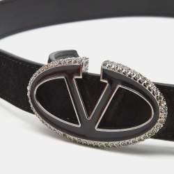 Pre Owned Valentino Black Suede and Leather VLogo Crystals Belt 80CM