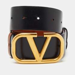 Pre Owned Valentino Black/Brown Leather VLogo Reversible Belt 65CM
