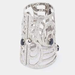 Pre Owned Valentino Silver Tone Crystal Embellished Extra Wide Cuff Bracelet