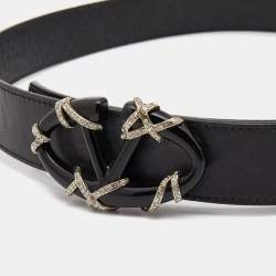 Pre Owned Valentino Black Leather VLogo Crystals Buckle Belt 90CM
