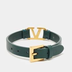 Pre Owned Valentino VLogo Signature Leather Gold Tone Wrap Bracelet
