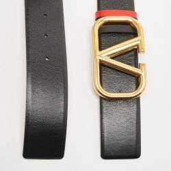 Pre Owned Valentino Black/Red Leather VLogo Reversible Belt Size 80 CM