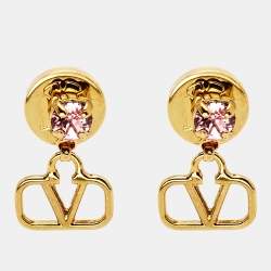Pre Owned Valentino VLogo Crystal Gold Tone Earrings