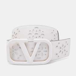 Pre Owned Valentino White Broderie Anglaise Leather VLogo Waist Belt 85CM