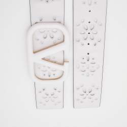 Pre Owned Valentino White Broderie Anglaise Leather VLogo Waist Belt 85CM