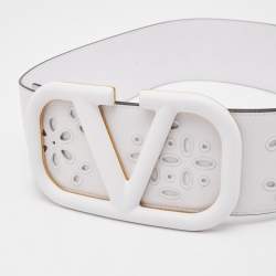 Pre Owned Valentino White Broderie Anglaise Leather VLogo Waist Belt 85CM