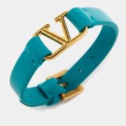 Pre Owned Valentino VLogo Leather Gold Tone Bracelet