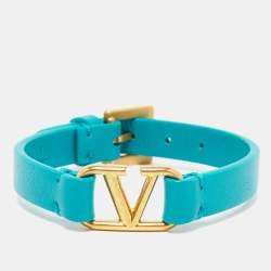 Pre Owned Valentino VLogo Leather Gold Tone Bracelet